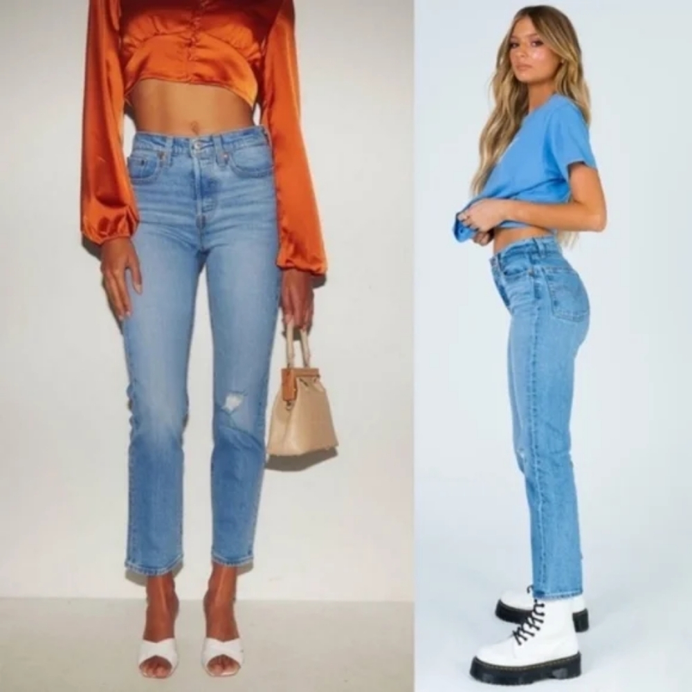 Levi's Wedgie Crop Straight Leg Jeans Distressed Tango Blue - Picture 7 of 16